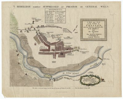 Mappa della battaglia di Preston del 1715, 1818 (incisione colorata a mano) da English School
